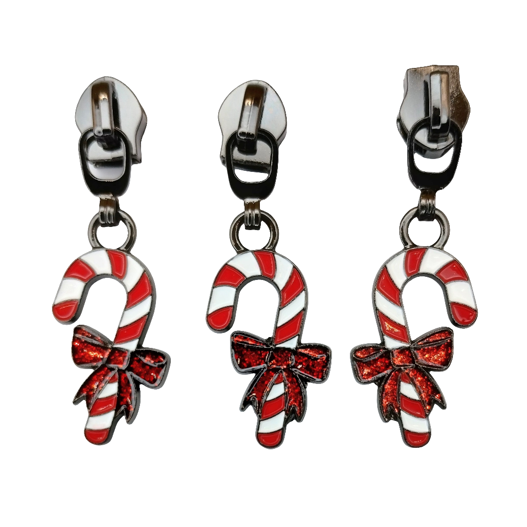 #5 Jollyday Candy Cane Enamel Nylon Zipper Pulls in Gunmetal - 3pcs at Atelier Fiber Arts