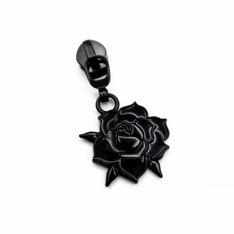 #5 Rose Bloom Nylon Zipper Pulls Matte Black - 3pcs Atelier Fiber Arts