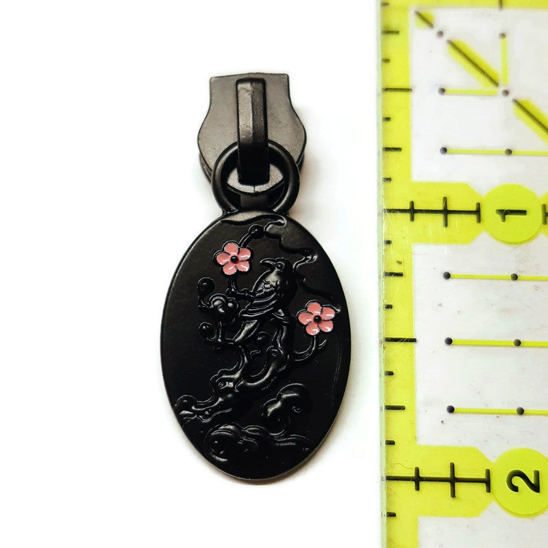 #5 Bird and Blossoms Nylon Zipper Pulls in Matte Black and Enamel - 3pcs Atelier Fiber Arts